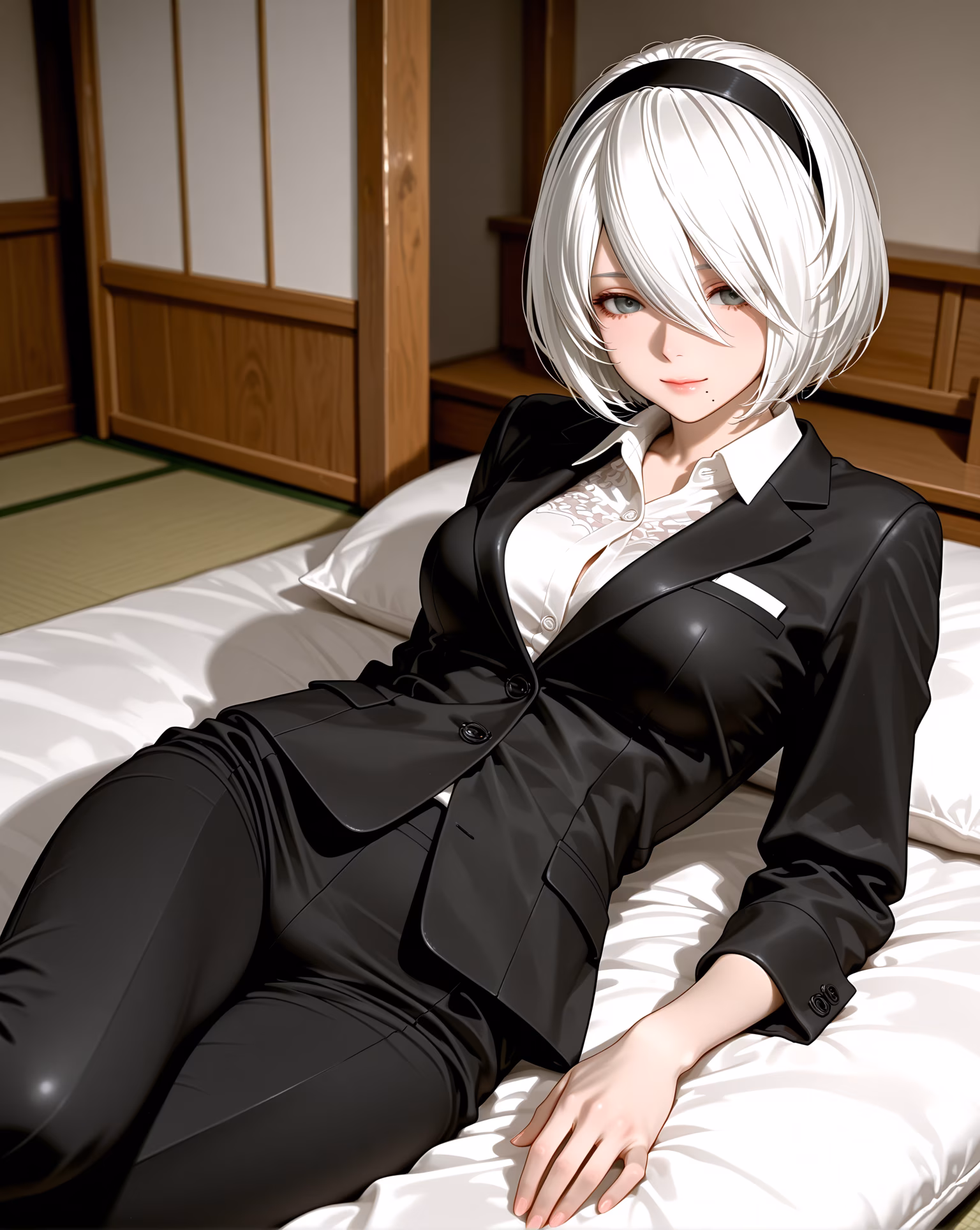 2B 黒ドレス 白髪 クールな戦闘アンドロイド