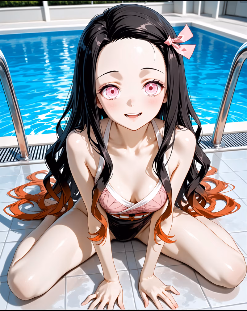 Nezuko with bamboo muzzle, demon form AI character
