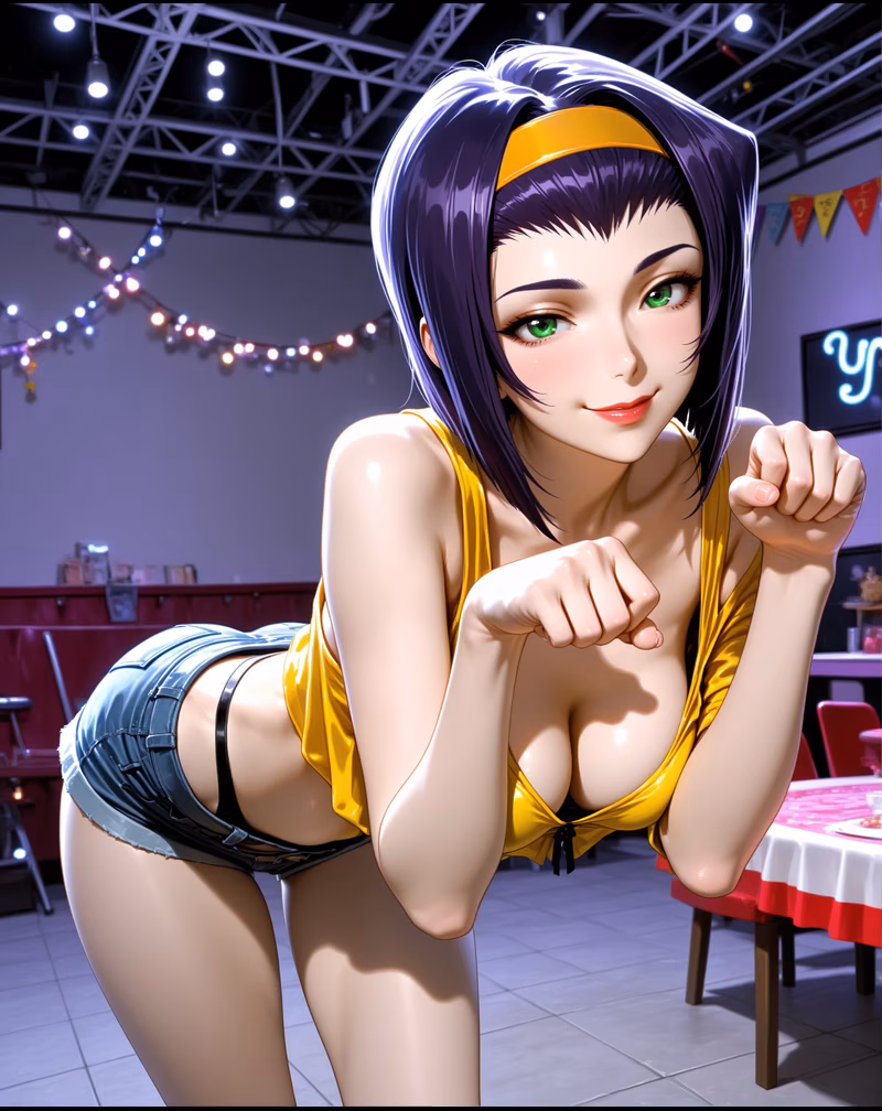 Faye purple hair yellow mini-suit official portrait AI generated — Cowboy Bebop