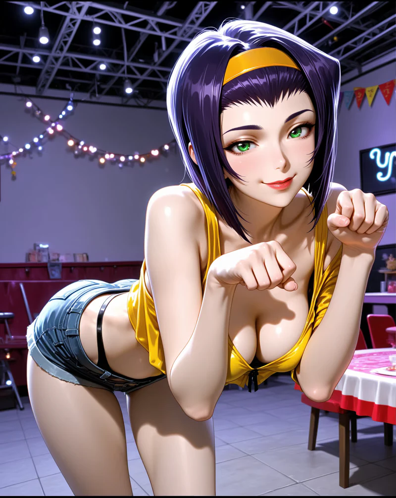 フェイ 紫髪 黄色いミニスーツ 公式ポートレート AI生成 — カウボーイビバップ