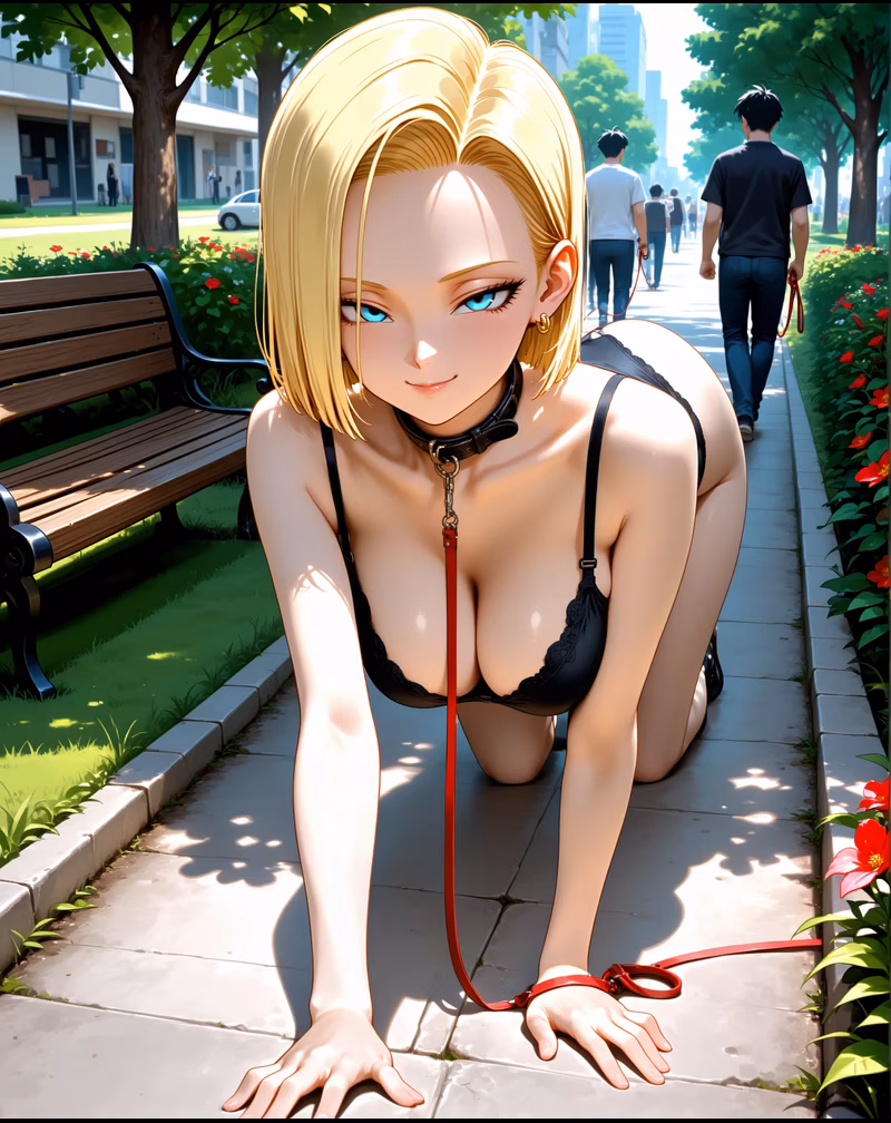 Android 18 combat stance energy blast AI art