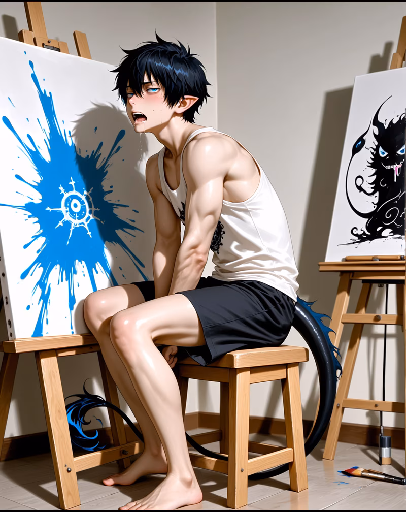 Rin Okumura demon fangs battle scene AI image